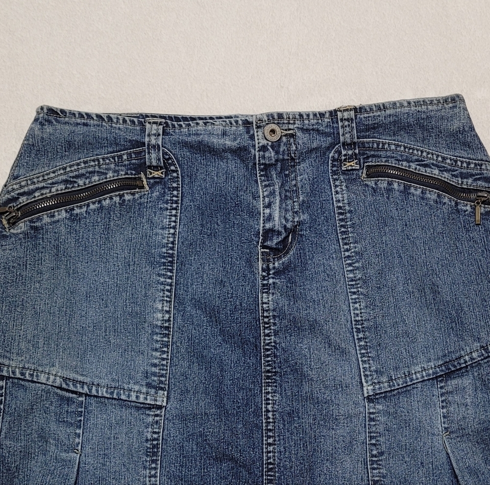 Vintage 90s Carolina Blues High Waist Stretchy Mid Wash Pleated Micro Mini Skirt - Picture 3 of 9